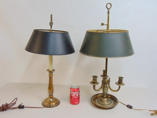 French bouillotte lamp & candle stick lamp, bouillotte lamp has tole shade, three candle holders, (1 of 4)