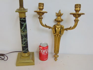 Marble column clock & bronze wall sconce with double arm, lamp is 27.5" tall (including hap), sconce