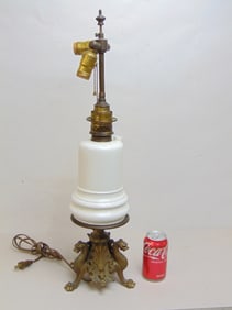 Bronze base white porcelain body oil lamp, electrified, dragon base, height as shown is 26.75"