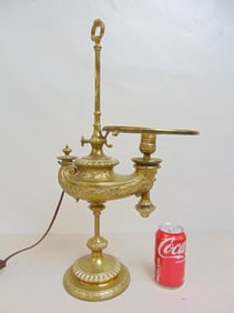 Brass Harvard oil lamp, electrified, shade missing, height is 21.5", ring diameter for shade is 7.5"