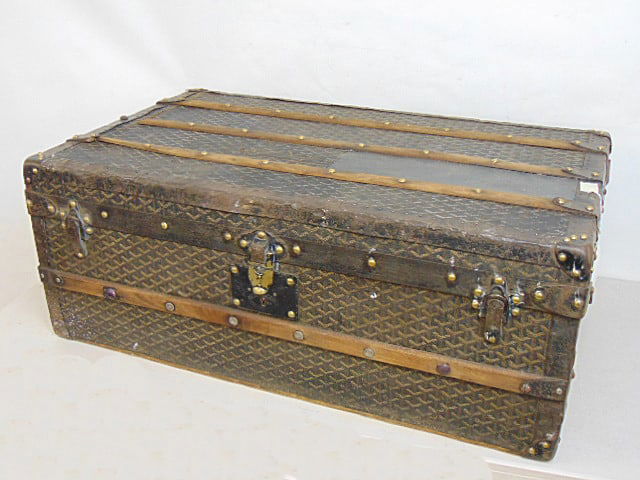 Vintage Goyard trunk, with original interior tray, labels, has some repairs, trunk is 34" by 20.5", (1 of 8)