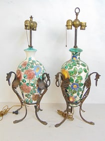 Pair Italian floral decorated lamps in wrought iron dragon decorated bases, height is 29" (including