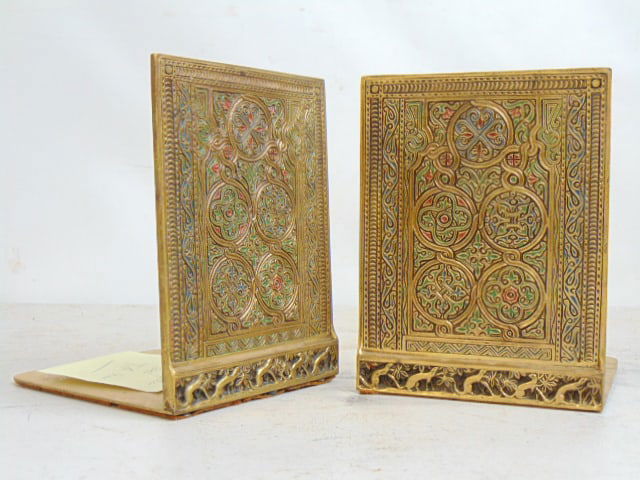 Pair Tiffany Studios dore bronze bookends, Venetian Pattern, # 1683, 4.75" wide, height is 6.25" (1 of 4)