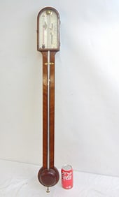 Antique English stick barometer, J. Somalvico, mahogany slender case, with thermometer, length is