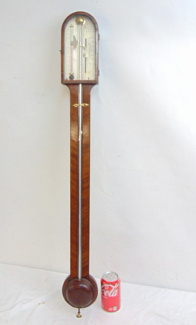 Antique English stick barometer, J. Somalvico, mahogany slender case, with thermometer, length is (1 of 5)