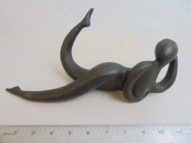 Bronze figural sculpture, woman resting head on arm, signed illegibly (Gary Wa...?) see images, 12": Bronze figural sculpture, woman resting head on arm, signed illegibly (Gary Wa...?) see images, 12" long