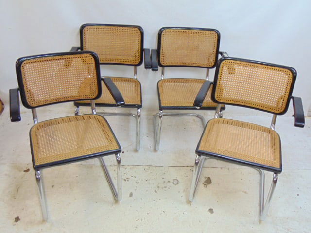 4 Breuer for Thonet S64 arm chairs, caned back & seat, caning a bit loose on back support, otherwise: 4 Breuer for Thonet S64 arm chairs, caned back & seat, caning a bit loose on back support, otherwise good, no tears.