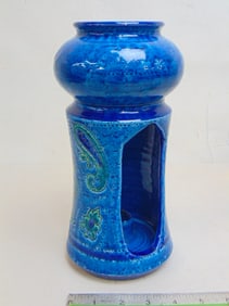 Ceramic candle holder in blue, Aldo Londi design, 10" tall.