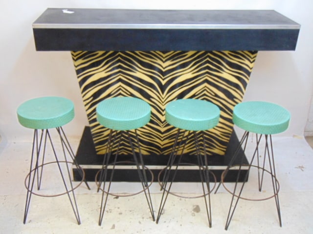 Mid Century bar with 4 stools, bar has zebra pattern base, wrought iron base stools, bar is 60" (1 of 6)