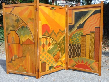 Art deco three panel screen, purportedly used to be on SS Normandy, ex Otto Vern, each panel is 60"