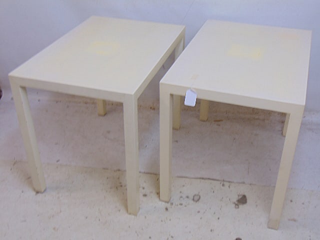 Pair white lacquered side tables, each table is 32" by 22", height is 26" (1 of 4)