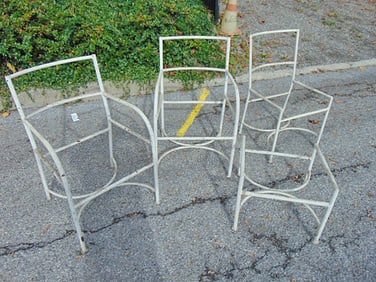 Set 4 art deco iron chairs, 2 arm chairs & side chair plus ottoman, frames only