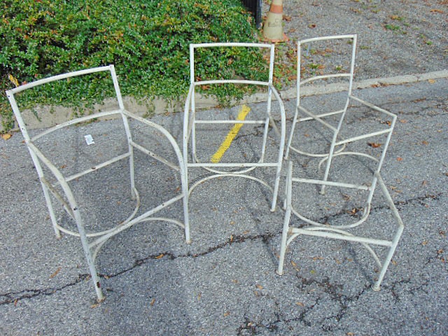 Set 4 art deco iron chairs, 2 arm chairs & side chair plus ottoman, frames only (1 of 4)