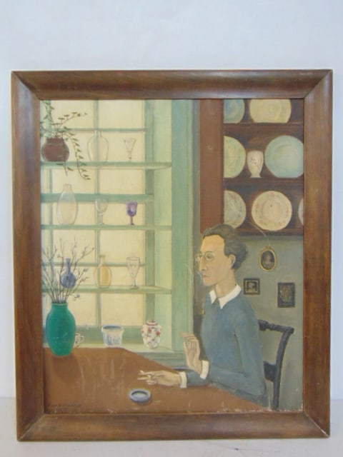 Painting, lady by table smoking cigarette, signed Fred Ashfield, oil on canvas, 24" by 20" (1 of 4)