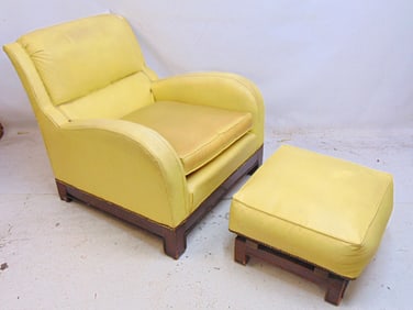 Art deco armchair with ottoman in yellow leather, chair is 36" deep, 33" wide, height is 30.5"