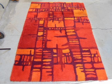 Mid Century Rya wool rag rug in red, some worn spots, 78" by 53"