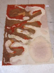 Mid Century wool Rya rag rug, brown, white & red, carpet is 70.5" by 48.5"