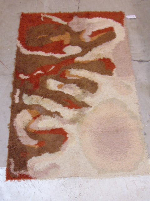 Mid Century wool Rya rag rug, brown, white & red, carpet is 70.5" by 48.5" (1 of 4)