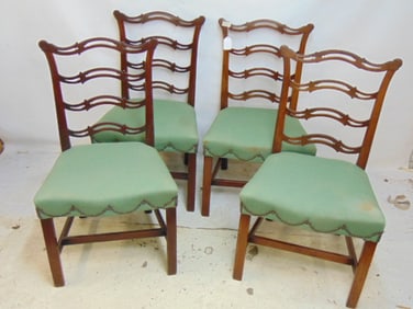 Set 4 mahogany ribbon back style chairs with green upholstered seats,