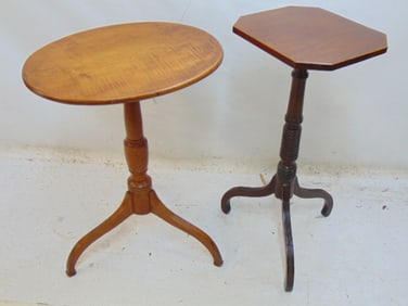 Two antique rigid top candle stands, mahogany & maple, height is 26.5" by 28.75"