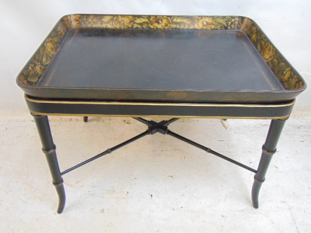 Lacquered top tray table, black painted cross stretcher base, 28" by 20.5", height is 21" (1 of 4)