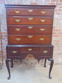 Antique mahogany highboy, chest on base, queen Anne legs, 4 drawer top, 3 drawer base, chest is