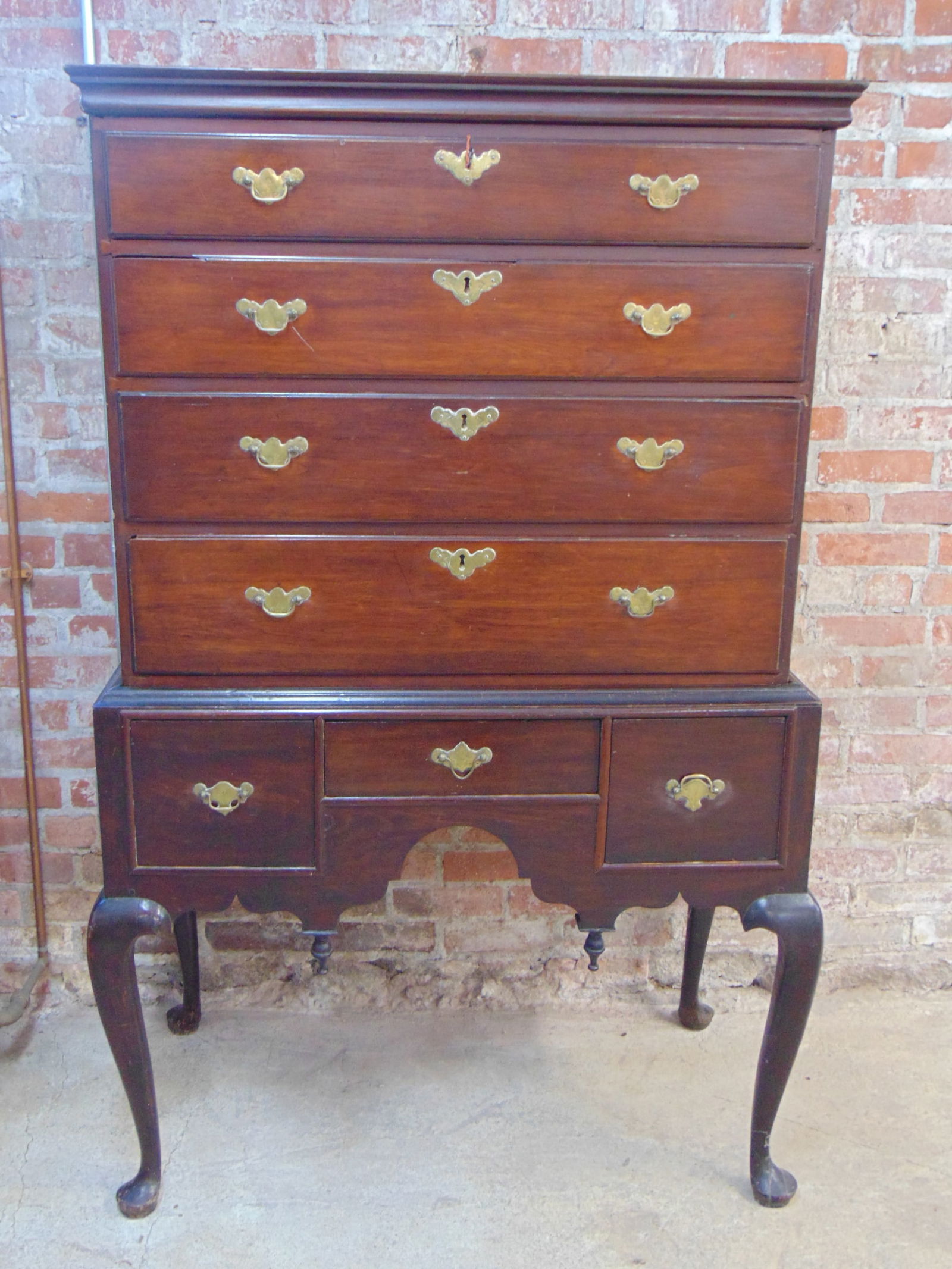 Antique mahogany highboy, chest on base, queen Anne legs, 4 drawer top, 3 drawer base, chest is (1 of 6)