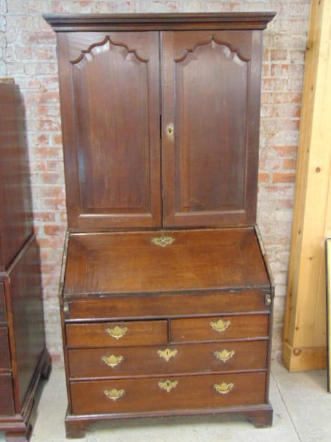 Antique English oak secretary desk, slant front base, some molding loose, small piece missing, 38" (1 of 5)