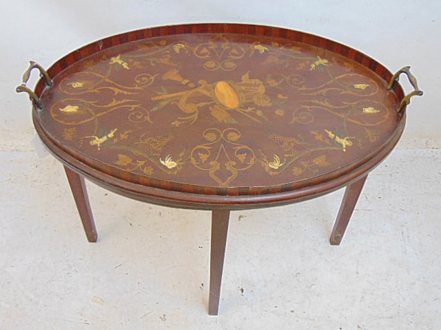 Small inlaid oval side tray table, inlaid with musical instruments, sea shells, 25" by 18" (1 of 4)