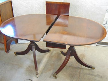 2 part antique mahogany dining table with leaf, banded inlaid top, table (with leaf) is 77.5" long,