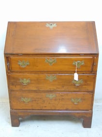 Antique slant front desk, 3 drawer base, desk area fitted with drawers, Chippendale hardware, desk