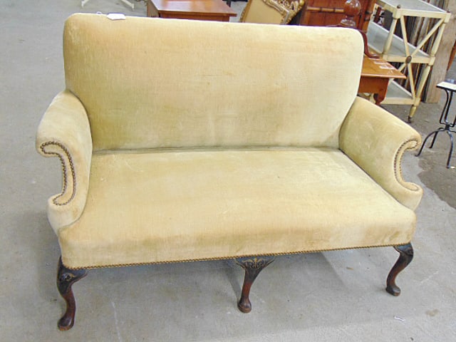 Loveseat with paint decorated Queen Anne legs, beige upholstery scrolled arms, 57" long, 21.5" deep, (1 of 4)