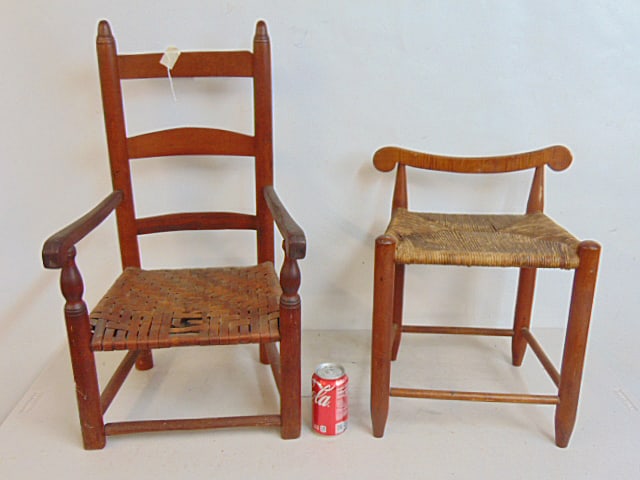 2 country child's chair, one with rush seat, ladderback arm chair is 28" tall: 2 country child's chair, one with rush seat, ladderback arm chair is 28" tall