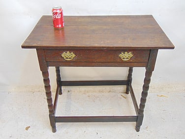 Antique single drawer oak side table with stretcher base, 31" by 18.5", height is 28.25"