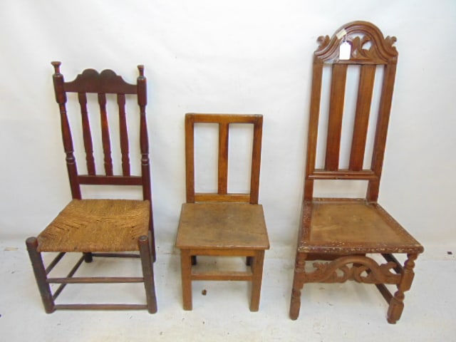 3 antique chairs, tall back chair, height is 46.5", primitive child's chair, 31.75" & barrister (1 of 4)