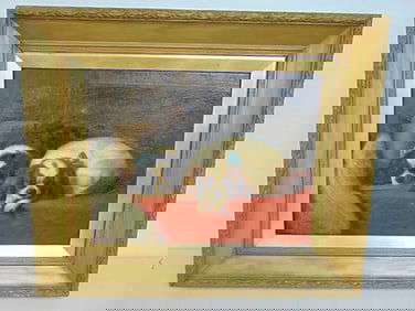Painting, two puppies, unsigned, oil on canvas, 14.75" by 18.75" stretcher, framed 22" by 26"