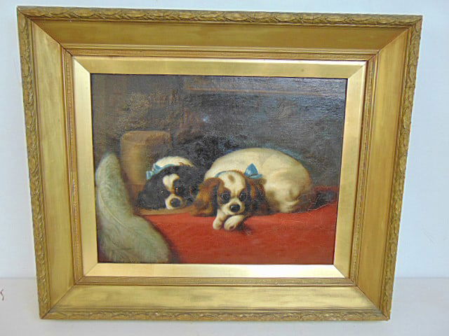 Painting, two puppies, unsigned, oil on canvas, 14.75" by 18.75" stretcher, framed 22" by 26" (1 of 5)
