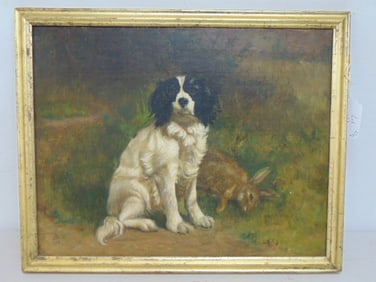 Painting, dog & dead rabbit, signed W. Gi...illegible, 1879, oil on canvas, relined, 16" by 20"
