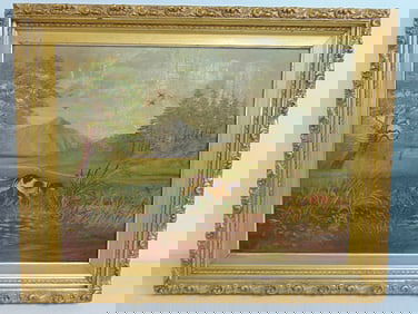 Painting, dog in landscape, unsigned, oil on linen, stretcher size is 15" by 20", framed 19.25" by