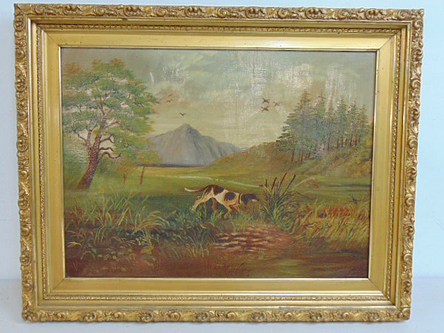 Painting, dog in landscape, unsigned, oil on linen, stretcher size is 15" by 20", framed 19.25" by: Painting, dog in landscape, unsigned, oil on linen, stretcher size is 15" by 20", framed 19.25" by 24.25"