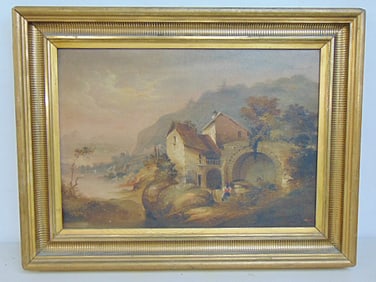Painting, European landscape with old stone house, figure, unsigned, oil on canvas 14" by 20"