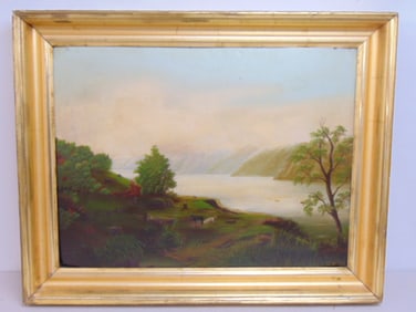Painting, river scene with mountains, cattle, unsigned, oil on board, in gilt frame, 18.5" by 24.5",