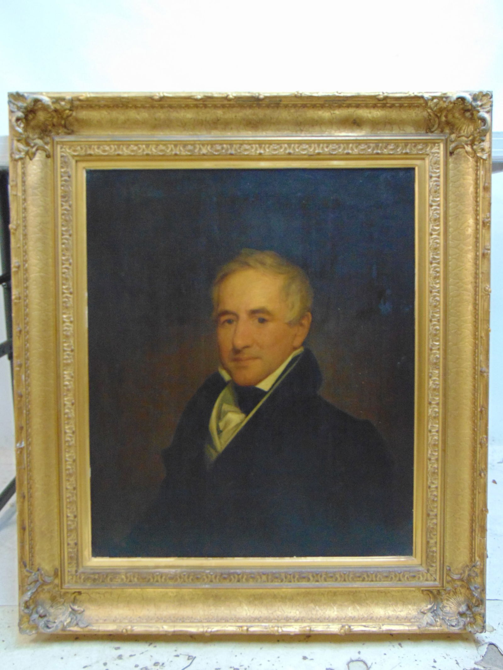 Painting, portrait of Major William Blodgett, attr. to Gilbert Stuart, oil on panel, frame labeled: Painting, portrait of Major William Blodgett, attr. to Gilbert Stuart, oil on panel, frame labeled "Williams & Everett Co, Looking Glasses & Picture Frames, panel is 27" by 23", frame size is 37" by 3