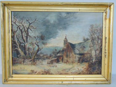 Painting, church in snowy landscape, oil on canvas, unsigned, needs cleaning, 23" by 30.75"