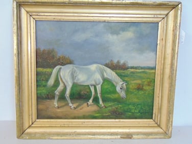 Painting, white horse in field, unsigned, oil on canvas, 27" by 31" framed size