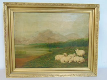 Painting, sheep in mountain meadow, unsigned, oil on canvas, 16.75" by 21" framed size