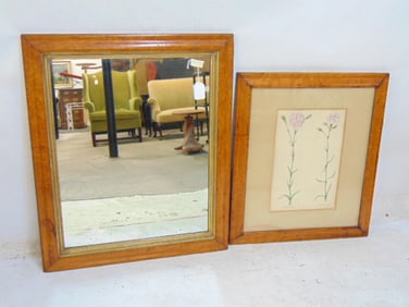 2 Birdseye maple frames, one with mirror, other with botanical print, openings are 25.75" by 22" &