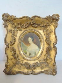 Small framed portrait (print), in fancy gilt frame, 10" by 9"