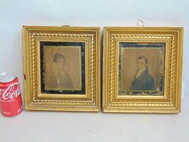 Pair small portrait drawings in gilt frames with decorative eglomise border, 9.5" by 8.75" each
