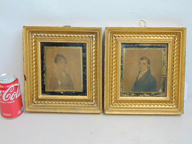 Pair small portrait drawings in gilt frames with decorative eglomise border, 9.5" by 8.75" each (1 of 3)